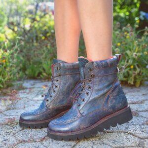 Bed Stu Elisha II Platform Lace Up Leather Boots Aster Purple Lux / Blue Sz 6